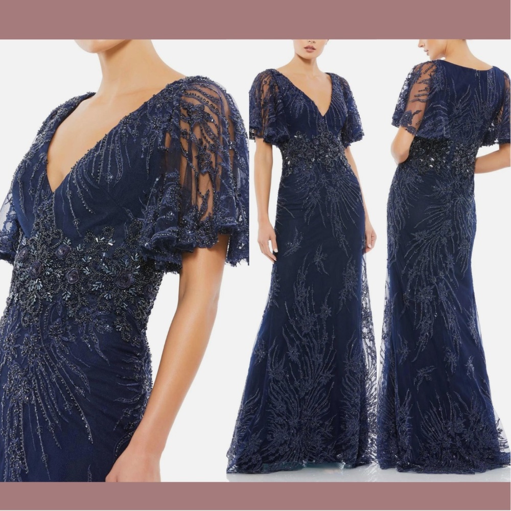 NWT $798 Mac Duggal [ 16‎ ] Flutter Embellished Lace Gown Midnight Blue